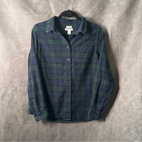 L.L.Bean Scotch Plaid Flannel Shirt Black Watch Tartan Navy Green Men’s M Reg - Picture 3 of 13